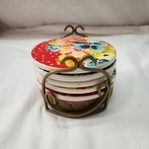 Pioneer Woman coaster set round with cork bottom with holder TT